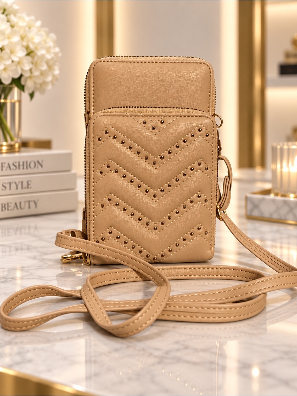 Women's Beige Crossbody Phone Bag with Studded Chevron Detail